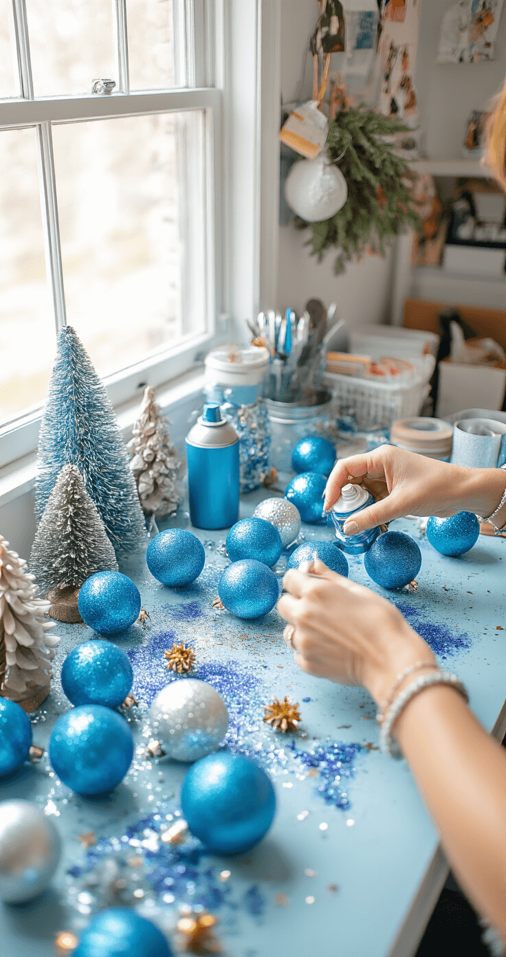 Blue and Silver Christmas Tree: A Winter Wonderland of Elegance A bright craft room featuring a table adorned with blue ornaments being spray painted and decorated with glitter and ribbons, with budget-friendly supplies artfully arranged. Hands are seen crafting custom decorations, showcasing a before-and-after comparison of the ornaments. The space benefits from natural light and organized supplies, viewed from an overhead angle to highlight creative and cost-effective transformation techniques.