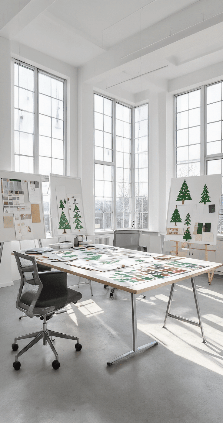 A bright designer studio featuring floor-to-ceiling windows, a large drafting table with Christmas tree graphics and color swatches, modern ergonomic furniture, white walls adorned with mood boards, and polished concrete floors, all presented in a minimalist aesthetic under crisp natural lighting.