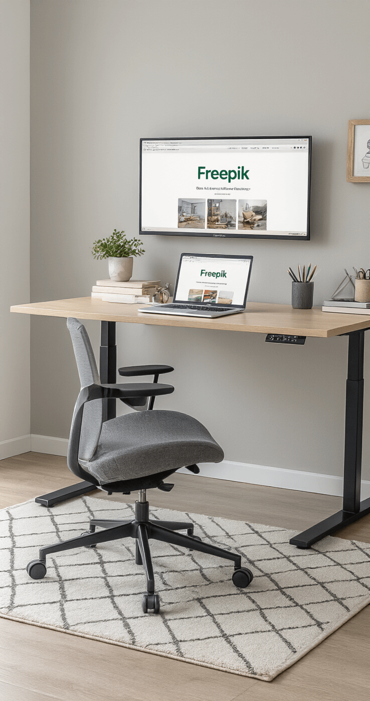Contemporary workspace featuring a standing desk with an open laptop displaying the Freepik website, a modern adjustable chair, a wall-mounted monitor, organized desk accessories, light oak surfaces, soft gray walls, and a geometric rug, all bathed in afternoon natural light and balanced LED lighting.