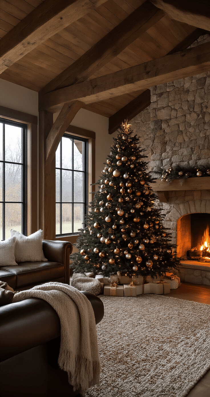Cozy family room featuring a stone fireplace, exposed wooden beams, and a black Christmas tree adorned with metallic ornaments, illuminated by warm firelight and evening light. Comfortable leather seating and wool throw blankets add to the inviting atmosphere in a rustic color palette of browns, deep reds, and metallics.