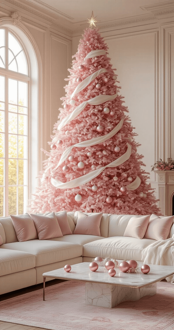 Photorealistic living room with a pink flocked Christmas tree as the centerpiece, featuring 12-foot ceilings, large windows with golden hour sunlight, and a plush cream sectional sofa. The tree is adorned with glittery pink baubles and white velvet ribbons. A marble coffee table displays pink glass ornaments, surrounded by hardwood floors and a blush-toned Persian rug, creating a cozy, luxurious atmosphere.