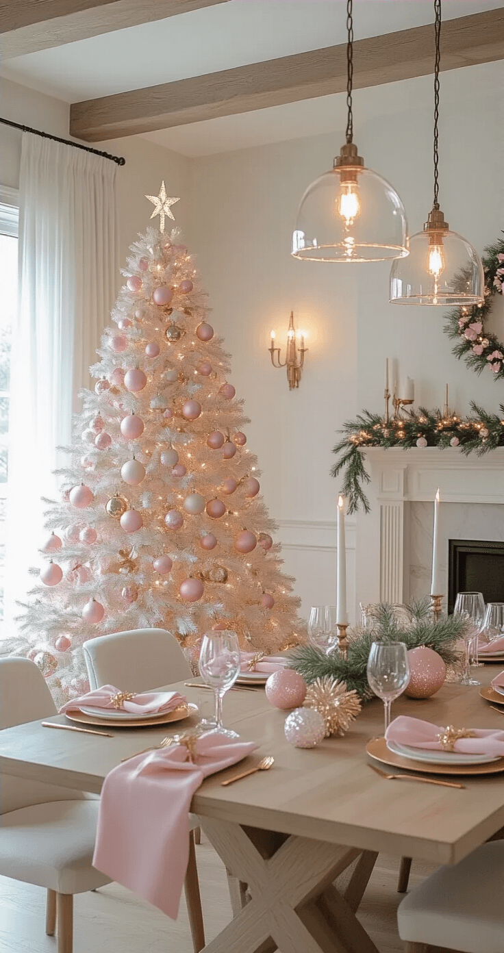 Modern dining room with an elegant white pre-lit Christmas tree adorned with pastel pink ornaments and gold accents, featuring a white oak dining table set for a holiday dinner with pink napkins and gold chargers. A marble fireplace mantel complements the decor, and soft morning light filters through sheer curtains, creating a sophisticated holiday ambiance.