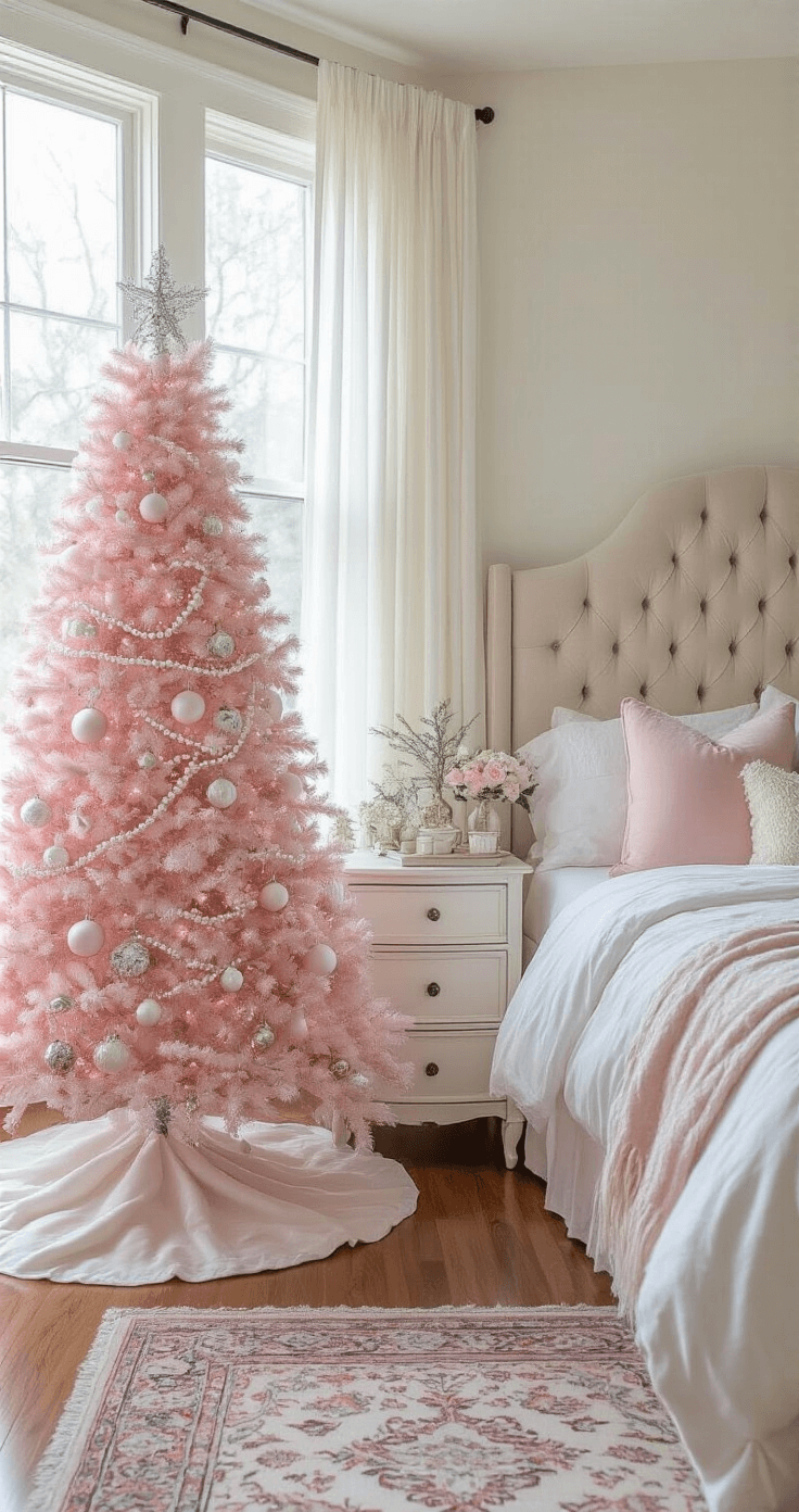 Sophisticated bedroom corner featuring a pastel pink Christmas tree, large bay window with white curtains, a vintage dresser adorned with a miniature tree, and a plush tufted headboard with cream bedding and pink pillows, all bathed in soft afternoon light for a serene holiday retreat.