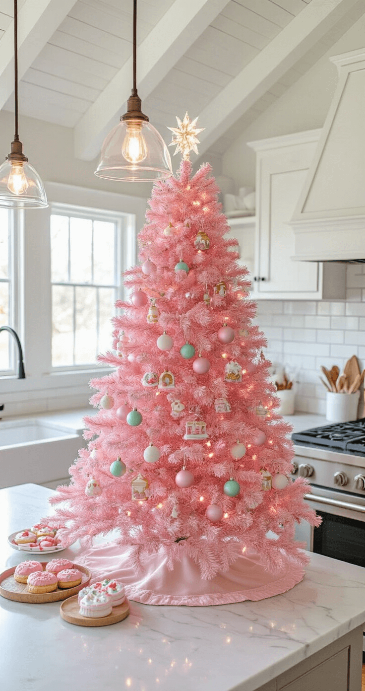 Cozy family kitchen with a pink Christmas tree on a large marble island, featuring vaulted ceilings, white shaker cabinets, and natural morning light, perfect for holiday baking.