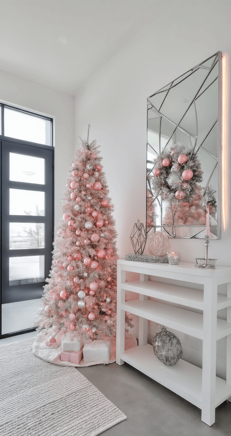 Modern minimalist entryway featuring a chic silver and pink Christmas tree, 9-foot ceilings, large glass front door, and clean architectural lines. A slim 6-foot tree adorned with selective pink and silver ornaments and geometric decorations stands beside a white console table and modern mirror. The concrete floors are complemented by an area rug, and soft LED strip lighting enhances the monochromatic color scheme with strategic pops of pink, emphasizing the sophisticated restraint in holiday decor.