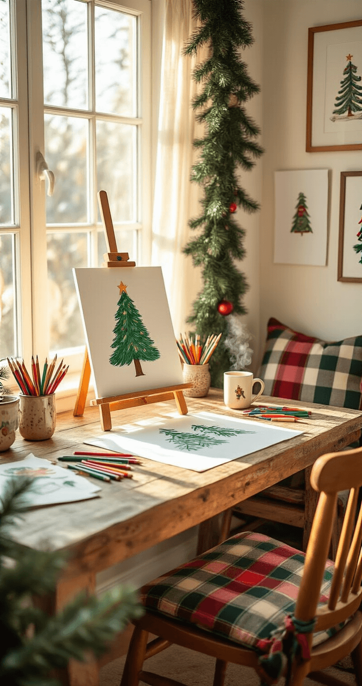 A cozy art studio corner featuring a rustic wooden desk bathed in warm afternoon sunlight, showcasing a child-sized easel with a Christmas tree drawing in progress, surrounded by scattered colored pencils and paper. Cream walls display holiday artwork, while a wooden chair with plaid cushions and a steaming ceramic mug complete the intimate creative atmosphere, enhanced by a pine garland draping the window frame.