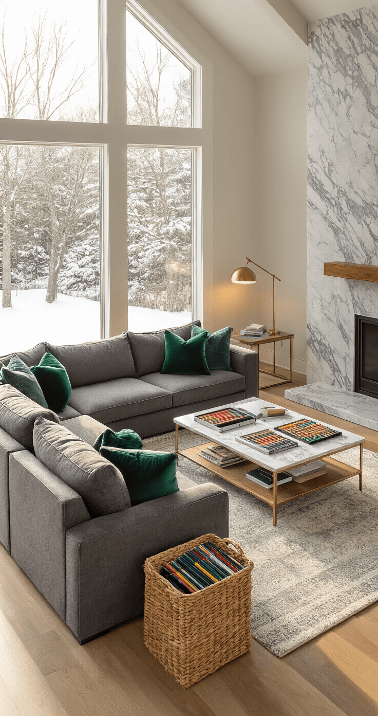Modern family room filled with golden hour light, showcasing a charcoal gray sectional sofa, a marble fireplace, and a coffee table adorned with art supplies. Emerald velvet throw pillows and a brass lamp complement the white oak floors, while large windows display a snowy landscape, creating an inviting learning atmosphere.