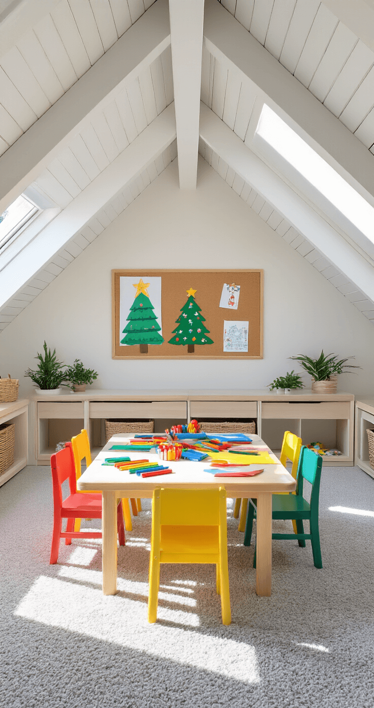 Bright children's playroom featuring vaulted ceilings, exposed white beams, morning sunlight flooding in, a low wooden table with colorful markers and crayons, primary-colored miniature chairs, a cork board showcasing Christmas tree drawings, soft gray carpet, built-in cubbies, and potted plants, all captured from an eye-level perspective.