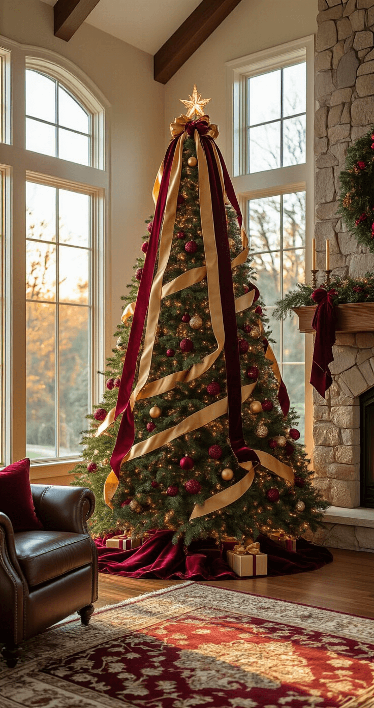 Luxurious living room featuring an 8-foot Christmas tree with deep burgundy and gold velvet ribbons, warm amber light from tall windows illuminating hardwood floors, and a cozy stone fireplace. Rich textures include silk throw pillows, a leather armchair, and a jewel-toned Persian rug.