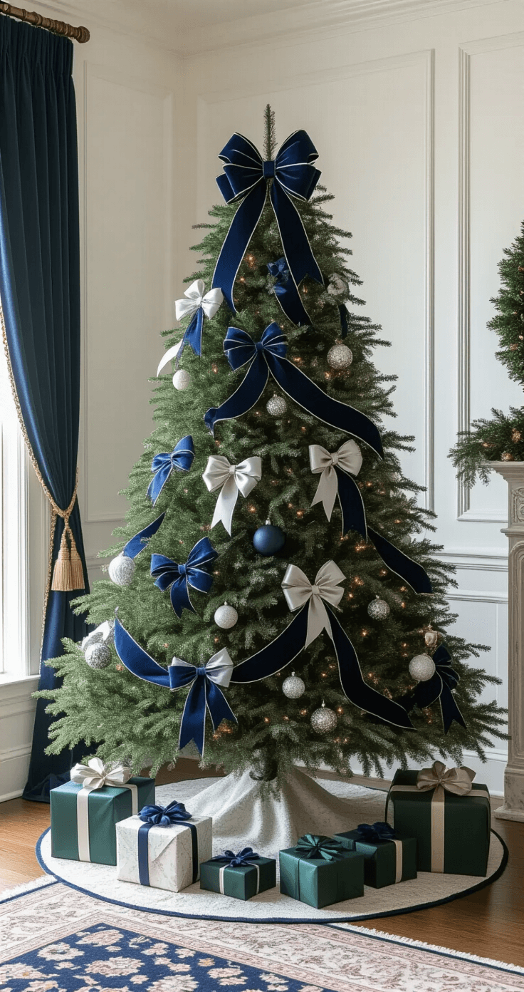 An elegantly decorated Christmas tree in a white-walled room, featuring strategically placed navy, emerald, and silver bows made of wired silk ribbons. The soft morning light illuminates the tree, which stands on a vintage Persian rug, surrounded by neatly wrapped gifts. The scene includes velvet curtains, a marble side table, and sparkling crystal ornaments, all captured from an eye-level angle emphasizing the details and color coordination.
