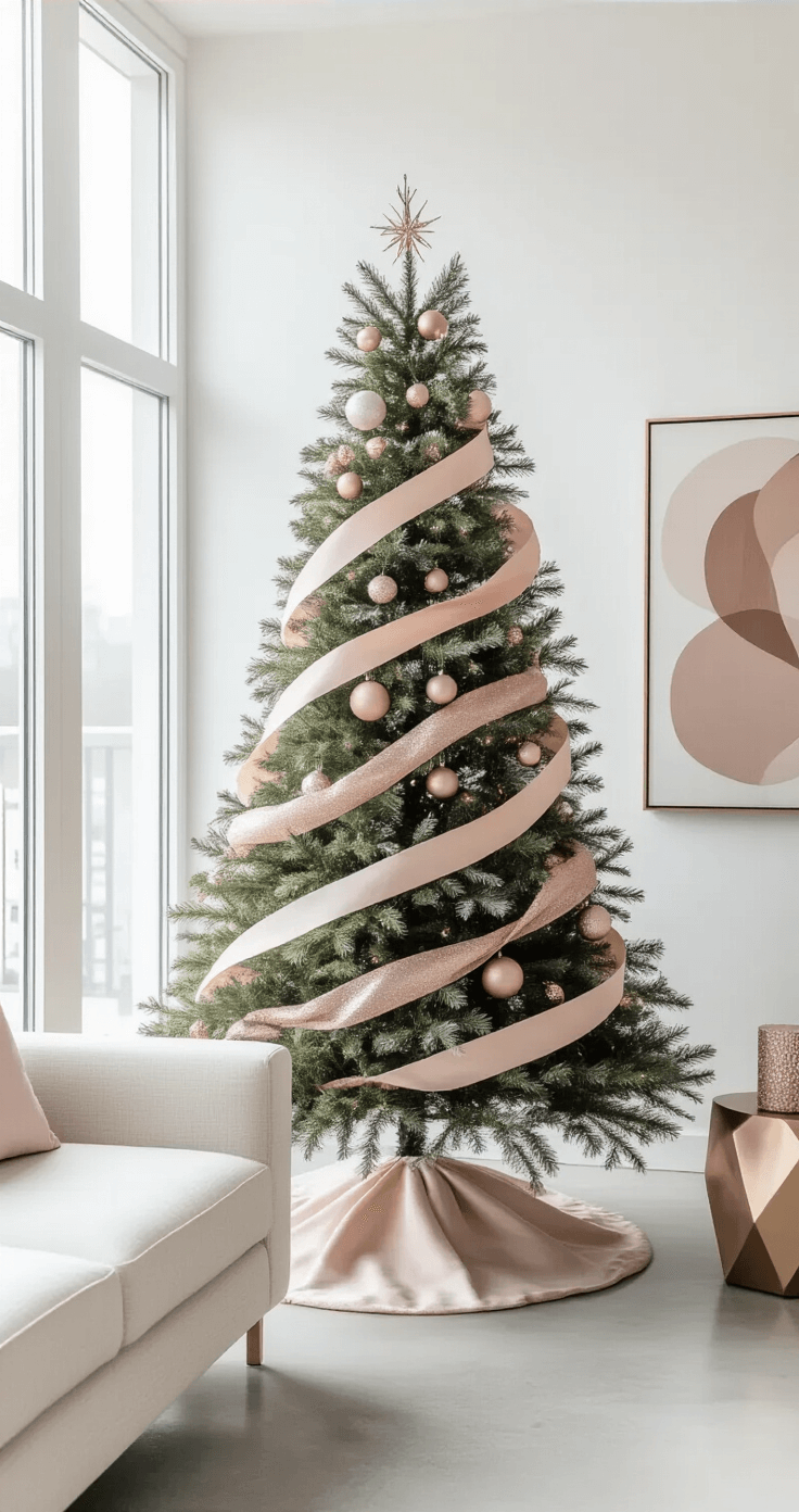 Modern minimalist living room with a Christmas tree adorned in monochromatic blush and rose gold ribbons, illuminated by soft morning light through floor-to-ceiling windows; features polished concrete floors, contemporary furniture, and an abstract art piece, creating a refined and elegant atmosphere.