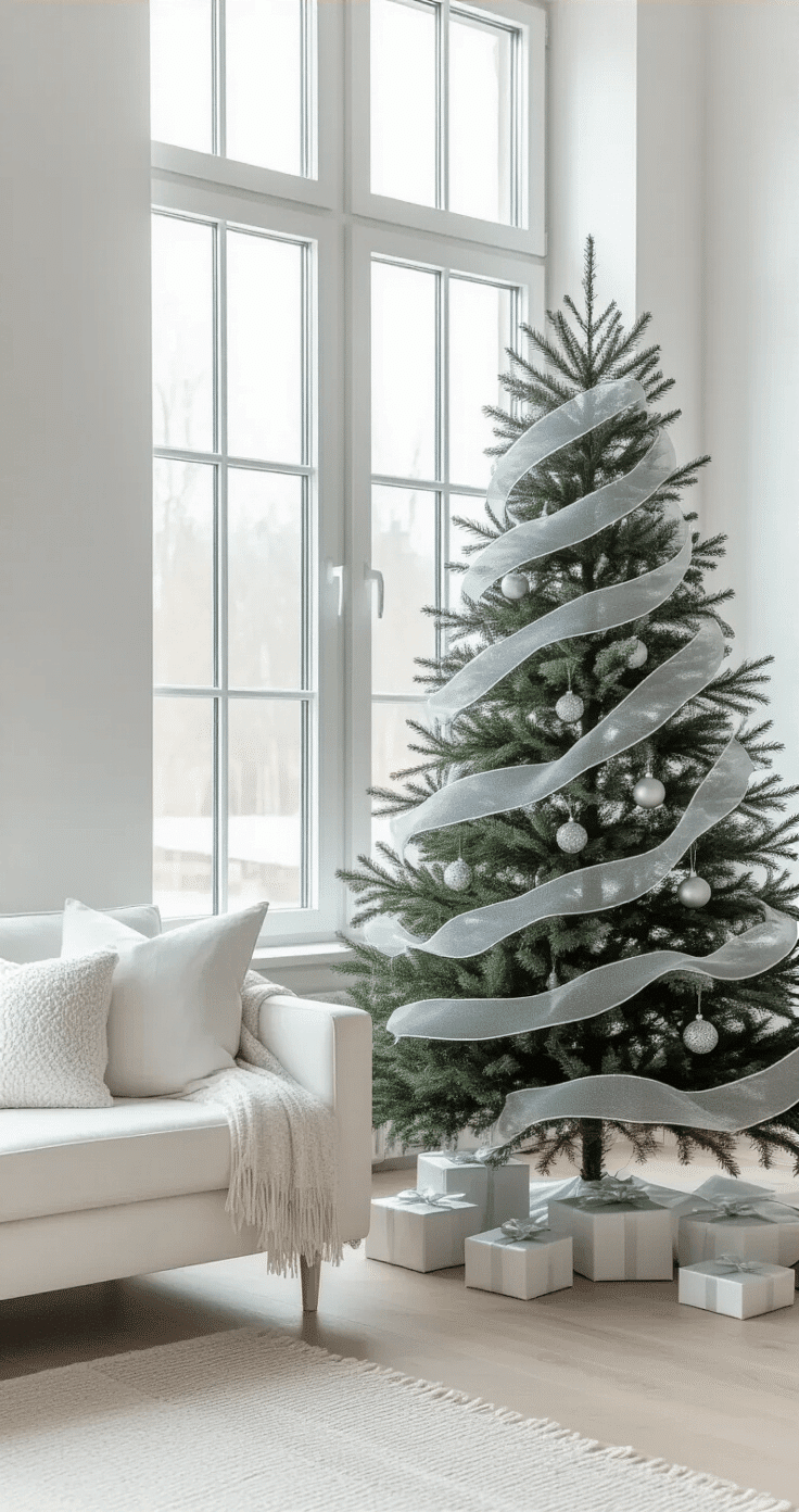 A Scandinavian-inspired living room featuring a Christmas tree adorned with mesh and metallic silver ribbons, bright winter daylight illuminating the white interior through large windows, light oak floors, and minimalist decor with neutral textiles and natural wood accents.