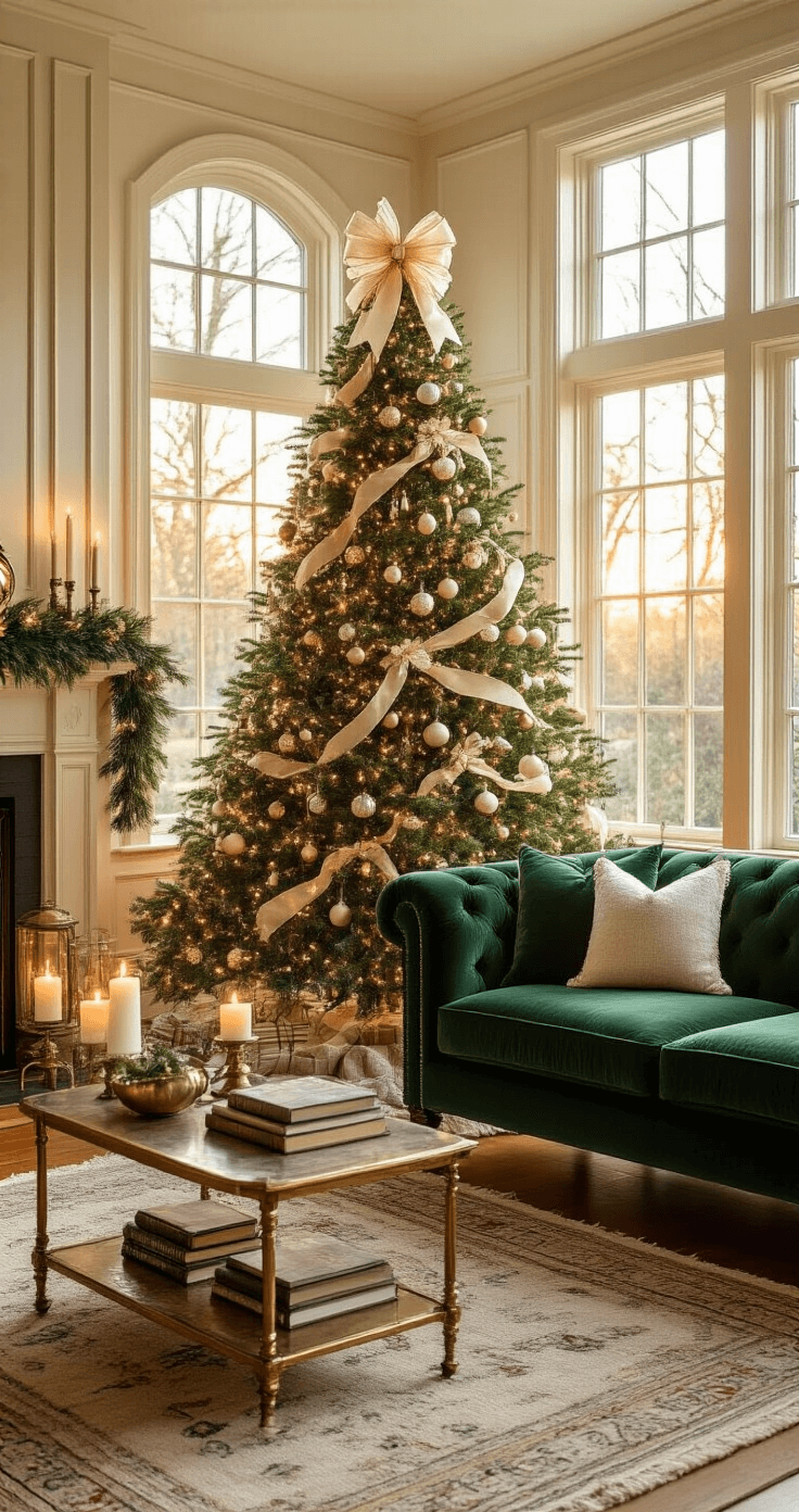 Cozy living room with an 8-foot Christmas tree topped with a pearl-encrusted bow, warm golden hour light filtering through tall windows, featuring a plush emerald green velvet sofa, layered Persian rugs, brass accent tables with vintage books, and a tree decorated with gingham ribbons and handcrafted glass ornaments, soft cream walls with wainscoting, and flickering candlelight casting intimate shadows, shot from a low angle to highlight the tree's height.
