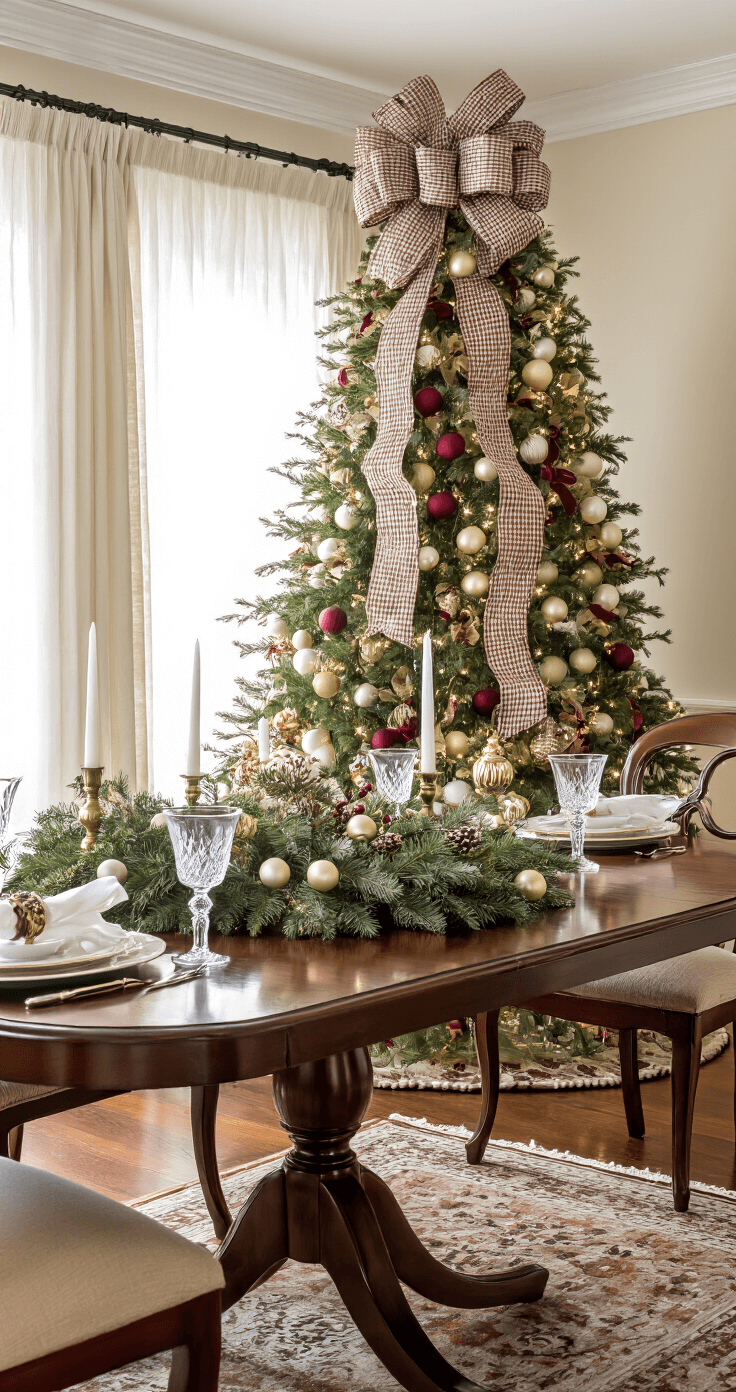 Elegant dining room adorned with a statement Christmas tree topped with an oversized gingham bow, illuminated by natural afternoon light, featuring a mahogany dining table set for a festive dinner with crystal glassware, pearl-finished ornaments, and a rich burgundy and gold color scheme, complemented by ornate crown molding and hardwood floors.