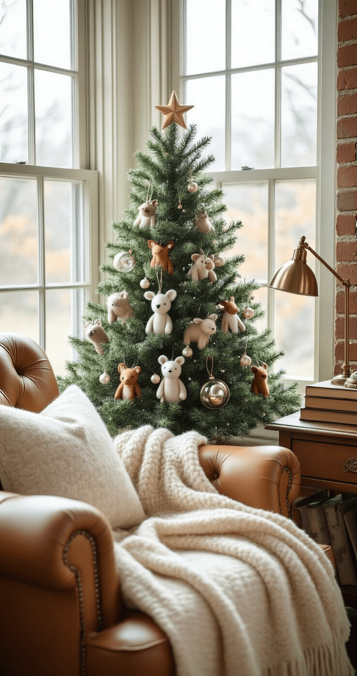 A cozy reading nook featuring a tufted camel leather chair, adorned with a wool throw blanket, surrounded by a stack of vintage books. A small tabletop Christmas tree decorated with felt animal ornaments and miniature glass baubles rests nearby, illuminated by morning sunlight streaming through a bay window. An exposed brick wall adds texture, while a wooden side table with a brass lamp completes the inviting scene, emphasizing the soft sage green and cream tones. A close-up macro shot highlights the intricate details of the ornaments.