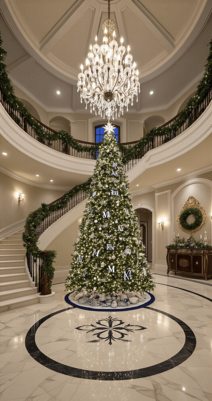 Grand foyer entrance featuring a 9-foot Christmas tree adorned with monogrammed ornaments under dramatic chandelier lighting, complemented by LED string lights, set on marble flooring with a geometric pattern. A curved staircase draped in garland leads to high coffered ceilings, while an oversized mirror reflects the warm glow of the tree, all in a navy blue and silver color scheme with fresh greenery arrangements, creating an evening ambiance of architectural grandeur.