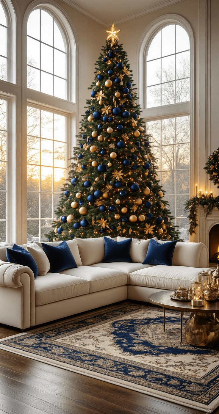 Photorealistic living room interior featuring a grand 9-foot Christmas tree adorned with navy blue and gold decorations, illuminated by warm golden hour light streaming through tall windows, alongside a plush cream sectional sofa, rich hardwood floors, and layered textures.