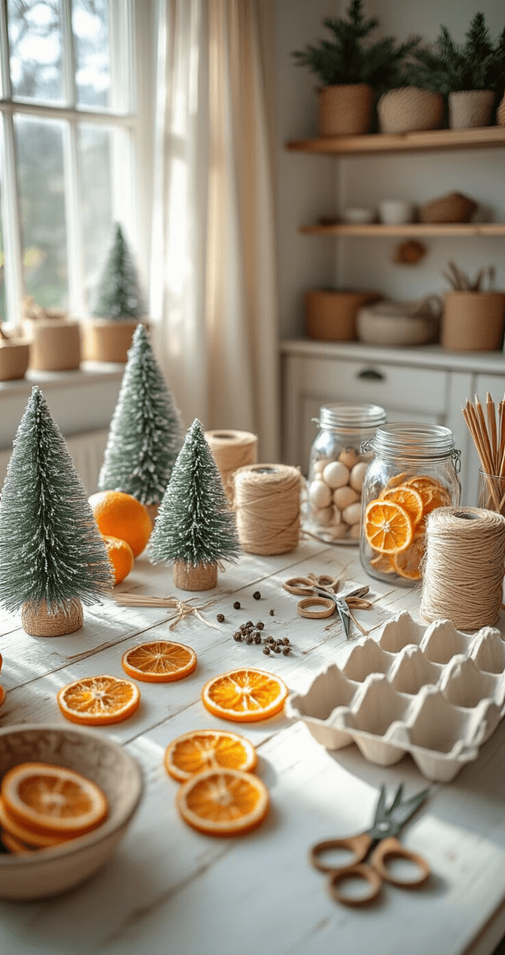 A cozy DIY Christmas ornament workspace featuring a white farmhouse table adorned with dried orange slices, clove-studded citrus, craft stick trees, and painted egg carton bells, illuminated by morning sunlight. Mason jars filled with supplies, vintage scissors, and twine spools complement the rustic atmosphere of shiplap walls and floating shelves lined with completed ornaments. A macro shot highlights the handmade details, exuding a creative and charming holiday crafting mood.