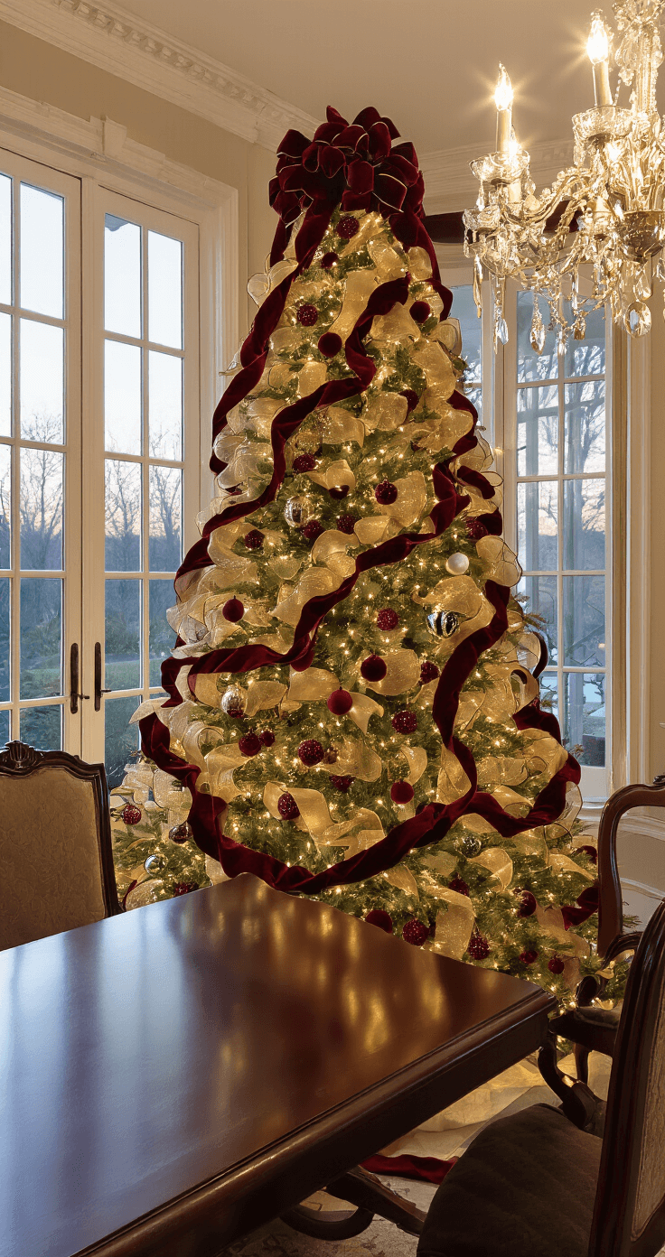 Elegant formal dining room with an 8-foot Christmas tree adorned in burgundy velvet and gold mesh ribbons, warm chandelier light, and twilight through French doors, showcasing a luxurious holiday atmosphere.