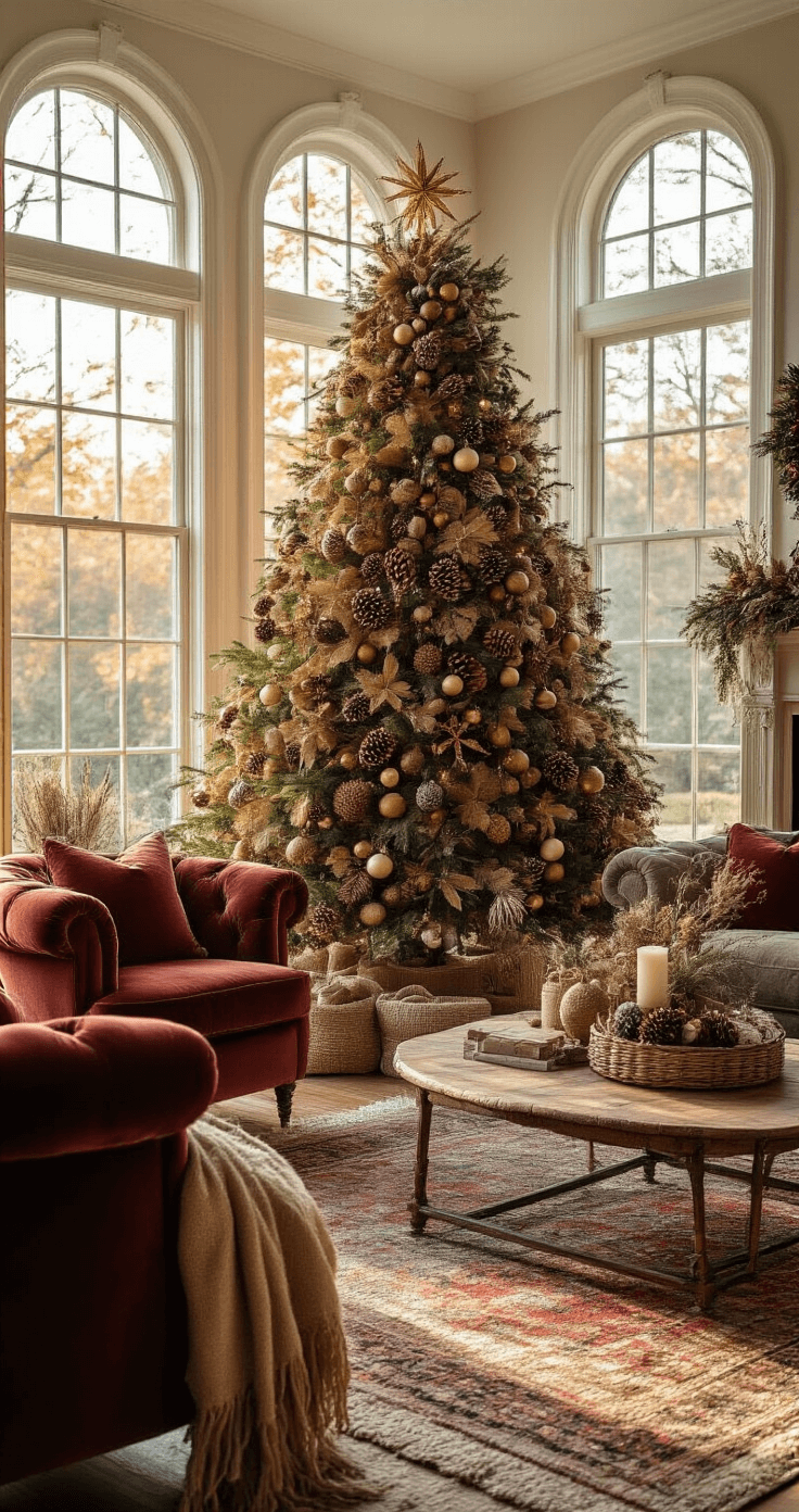A maximalist holiday living room featuring a trend-forward Christmas tree adorned with natural elements, illuminated by golden afternoon light through bay windows. The scene includes textured layers of pinecones, dried florals, burlap ribbons, and wooden ornaments, alongside overstuffed velvet armchairs in jewel tones and an eclectic mix of furniture. Branches are laden with ornaments and garlands, creating a warm and dramatic atmosphere.
