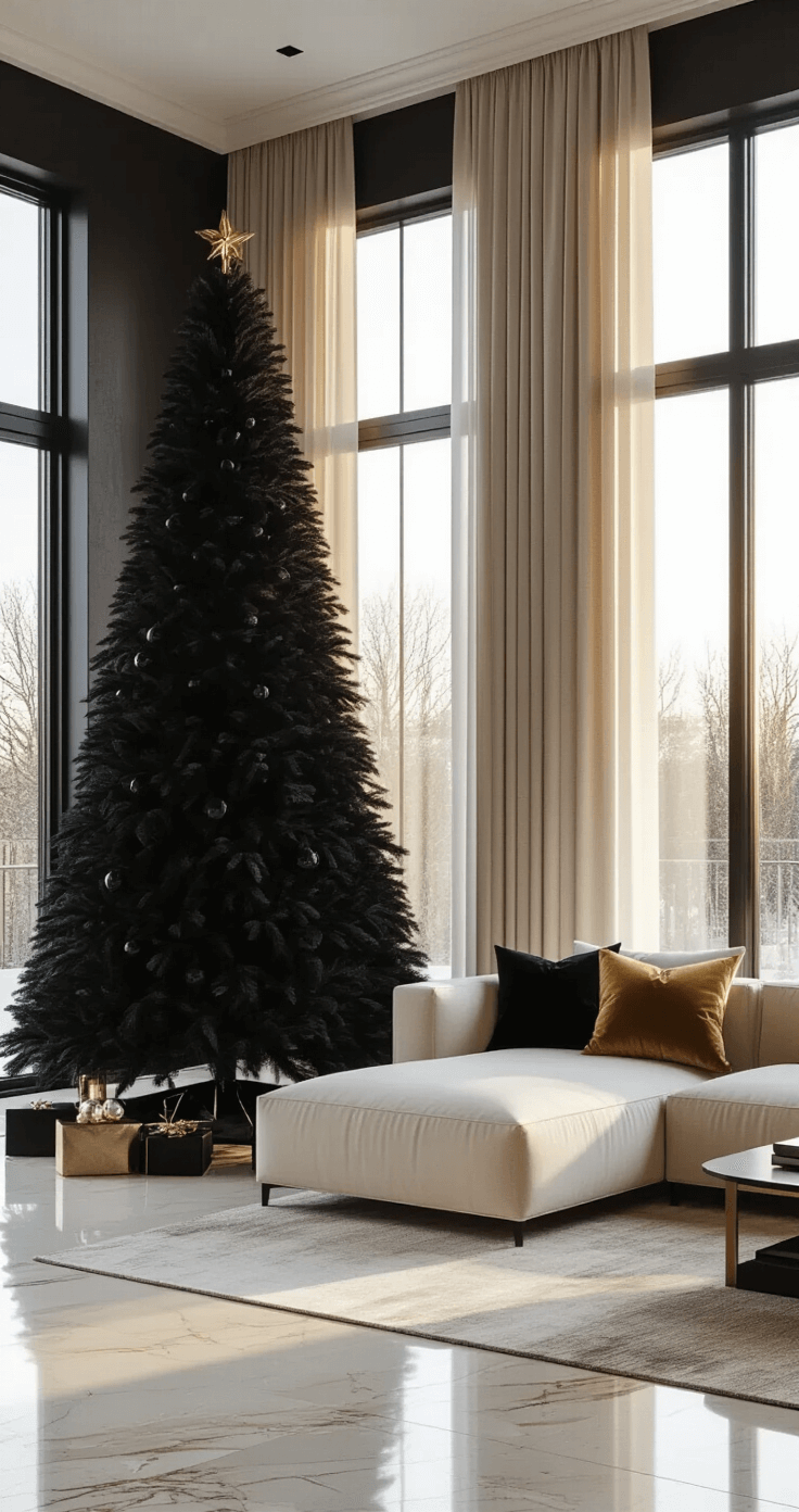 An elegant modern living room with a 7-foot black Christmas tree beside floor-to-ceiling windows, illuminated by warm golden hour light, featuring charcoal walls, cream marble floors, and a plush ivory sectional sofa with gold velvet throw pillows.