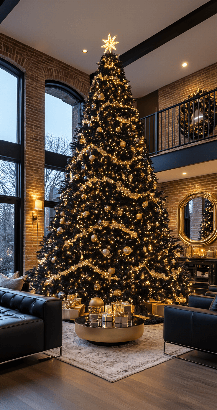 Wide shot of a luxurious open-concept living space at twilight featuring an 8-foot black and gold Christmas tree, with exposed brick walls, sleek black leather furniture, and warm lighting that creates an elegant holiday ambiance.