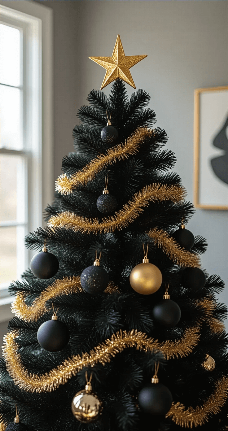Close-up of the upper third of a black Christmas tree with a golden tree topper, delicate gold garland, and black velvet and gold metallic ornaments, illuminated by morning light. Soft gray walls and contemporary artwork appear in the background.