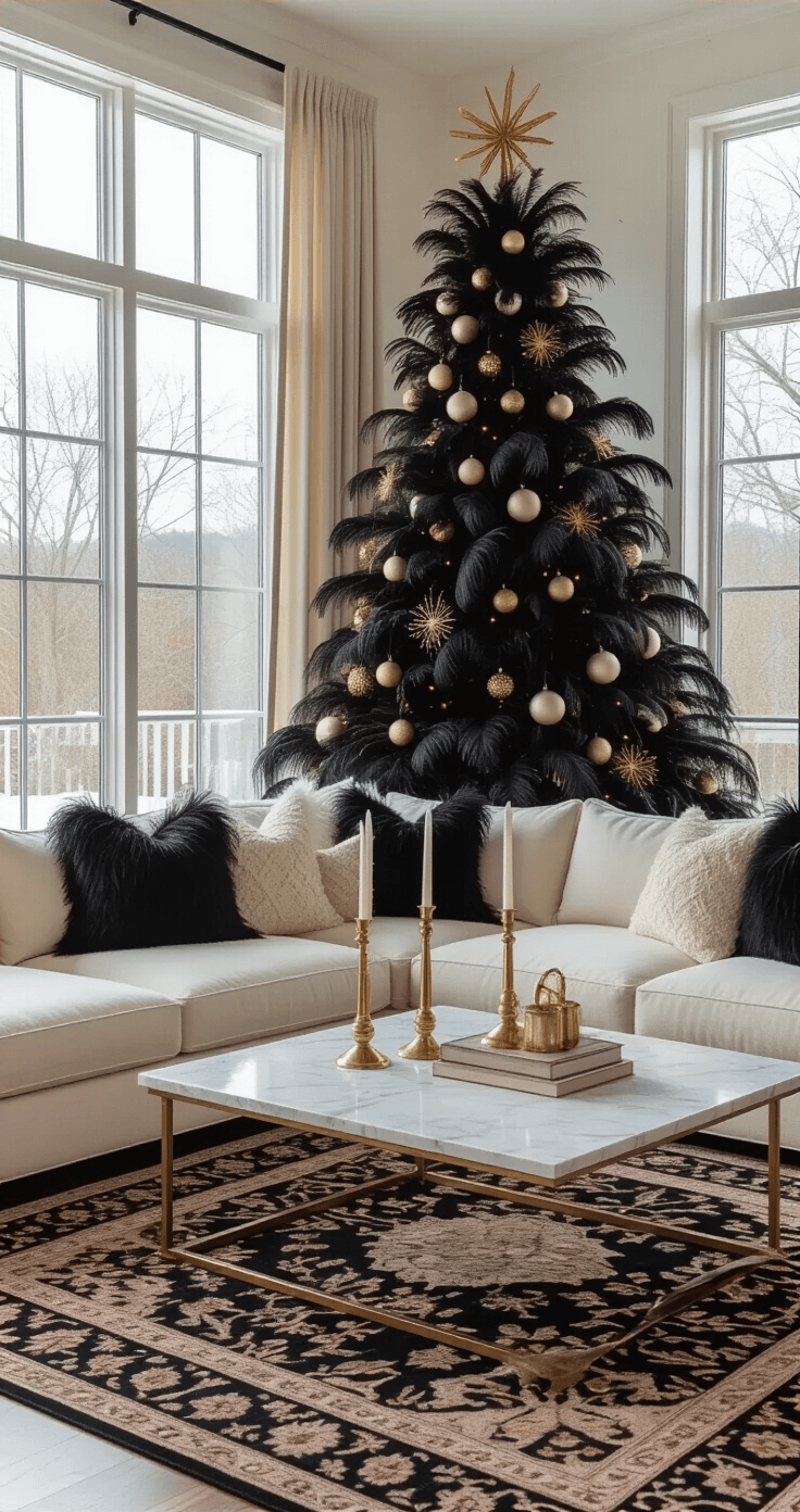 Stylish living room with a black Christmas tree featuring ostrich feathers and gold branches, surrounded by a cream sectional, marble coffee table, and jewel-toned rugs, with winter landscape visible through floor-to-ceiling windows.
