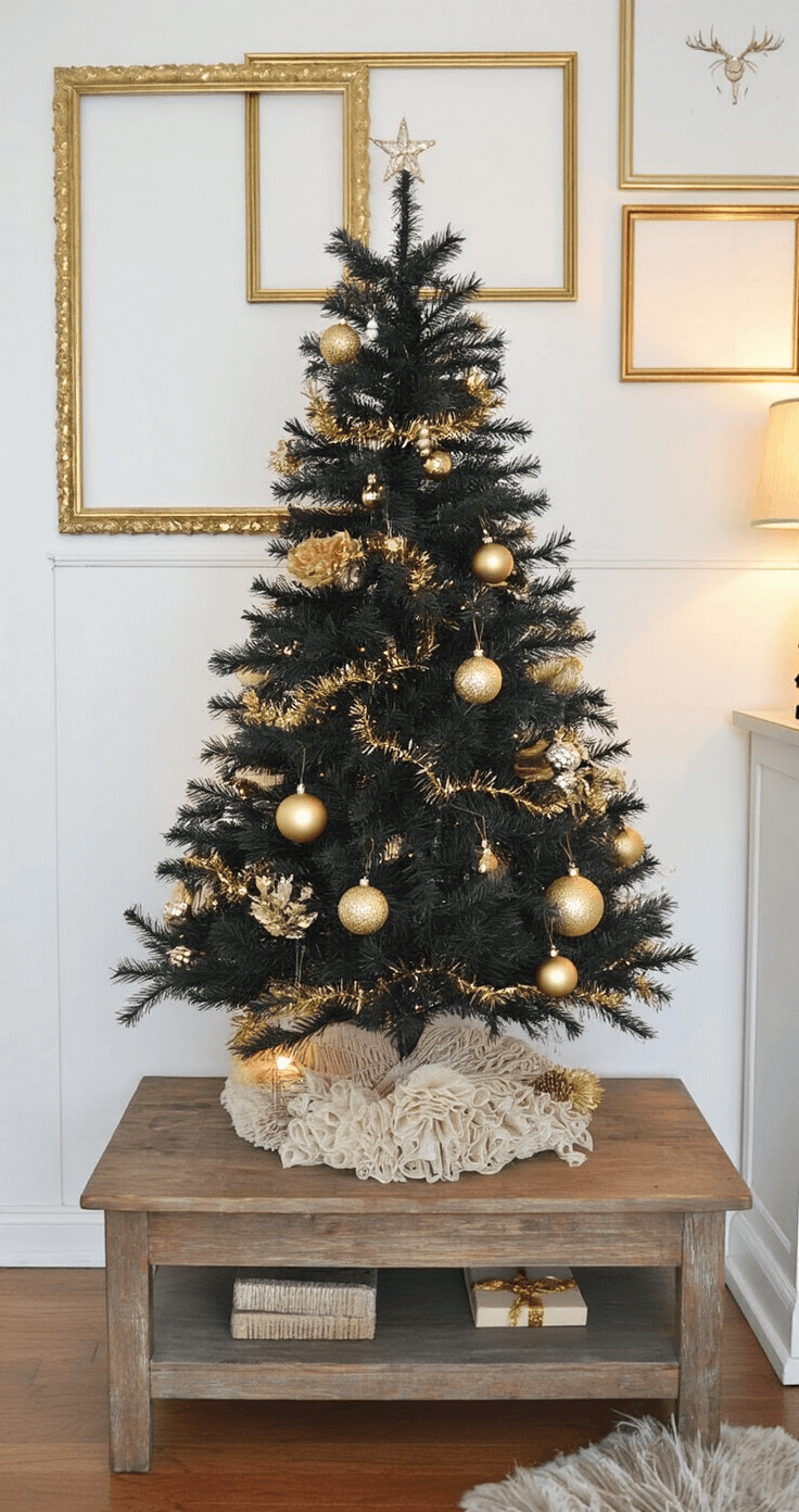 A cozy living room featuring a small black Christmas tree decorated with DIY gold ornaments, sitting on a rustic wooden side table against white walls. Surrounding decor includes vintage gold picture frames, handmade ribbon garlands, and mixed metallic accents, all illuminated by warm lamp lighting for an upscale yet budget-friendly holiday ambiance.