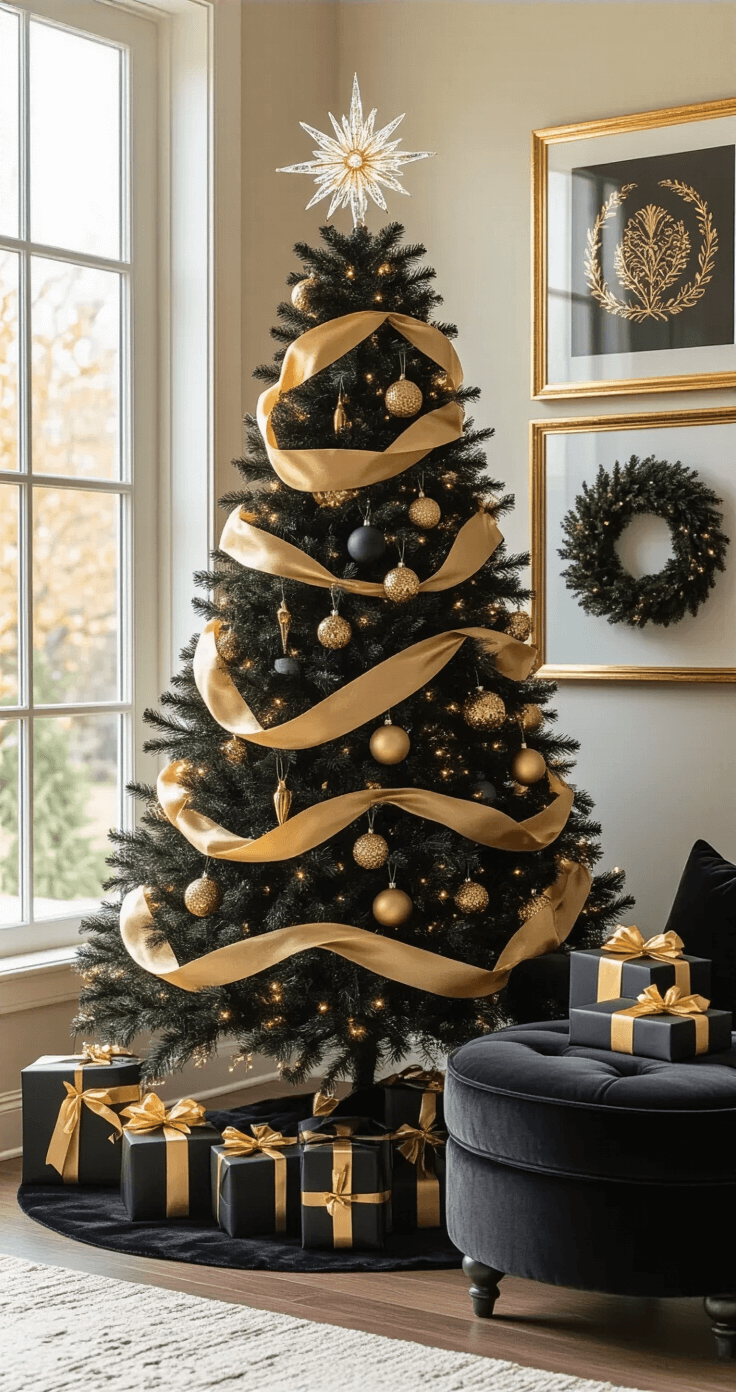A luxurious black and gold Christmas tree adorned with cascading ribbons and ornaments, illuminated by golden light, with a velvet ottoman holding wrapped gifts, and a gallery wall of gold-framed artwork in the background.