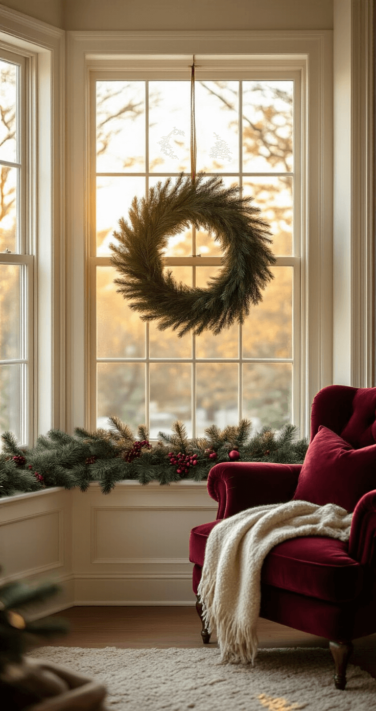 A cozy living room with a bay window adorned with a large evergreen wreath, warm golden hour light filtering through, featuring a burgundy velvet armchair, layered wool throws, and pine garland, all set against cream walls and a rich emerald and crimson color palette, captured from a low angle.