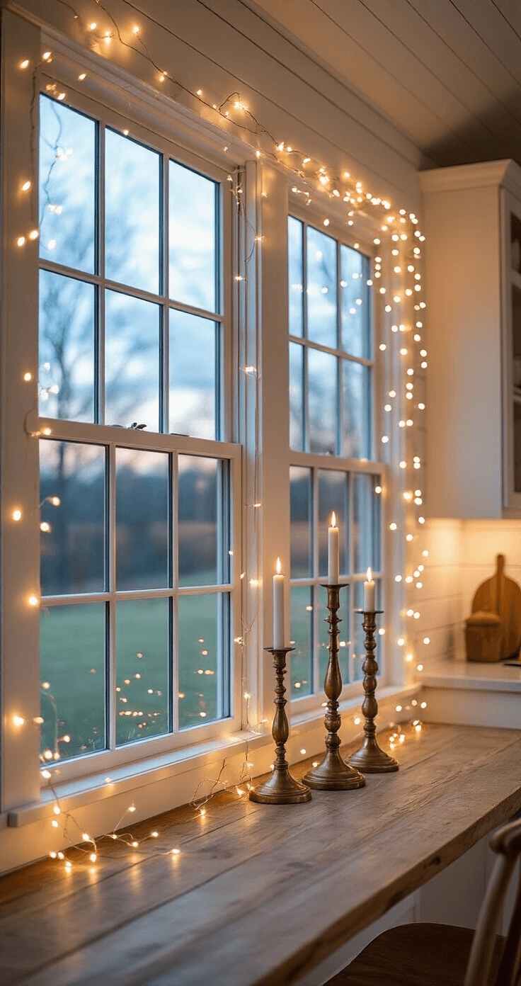 Interior of a modern farmhouse kitchen with white shiplap walls and tall windows showcasing cascading fairy lights, vintage brass candlesticks on a rustic wooden sill, and a neutral palette with copper accents, all illuminated by warm white LED string lights during evening twilight, viewed from the dining table perspective.