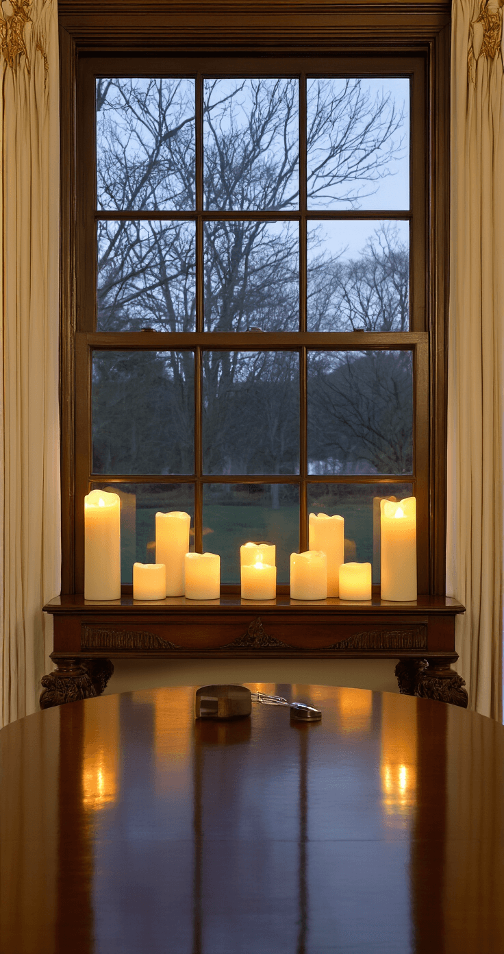 Elegant colonial dining room featuring a dark wood window frame adorned with battery-operated candles on the sill, a formal mahogany table below, and cream curtains with gold trim, all illuminated by soft candlelight as dusk settles outside.