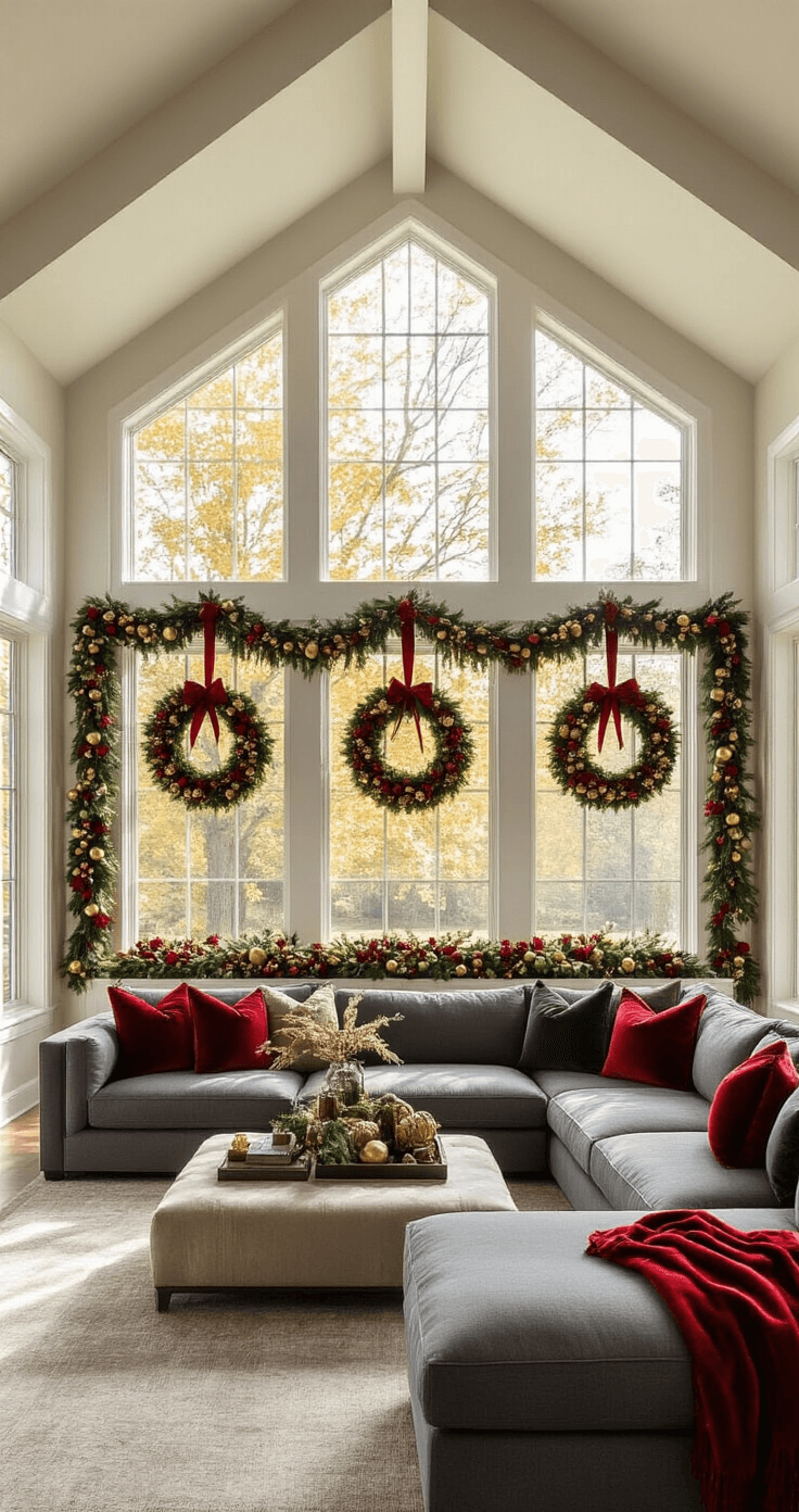 A spacious great room with vaulted ceilings, featuring a grand picture window adorned with three graduated wreaths with red velvet ribbons, layered garland in mixed metallics, and bathed in warm afternoon light, highlighting a large charcoal gray sectional sofa and a festive atmosphere in traditional red, green, and gold tones.