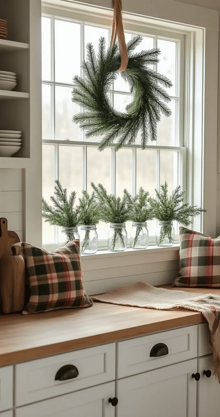 A cozy breakfast nook featuring a budget-friendly DIY window display with natural pine branches, mason jars of fresh greenery, and rustic red plaid accents, all illuminated by bright midday light.
