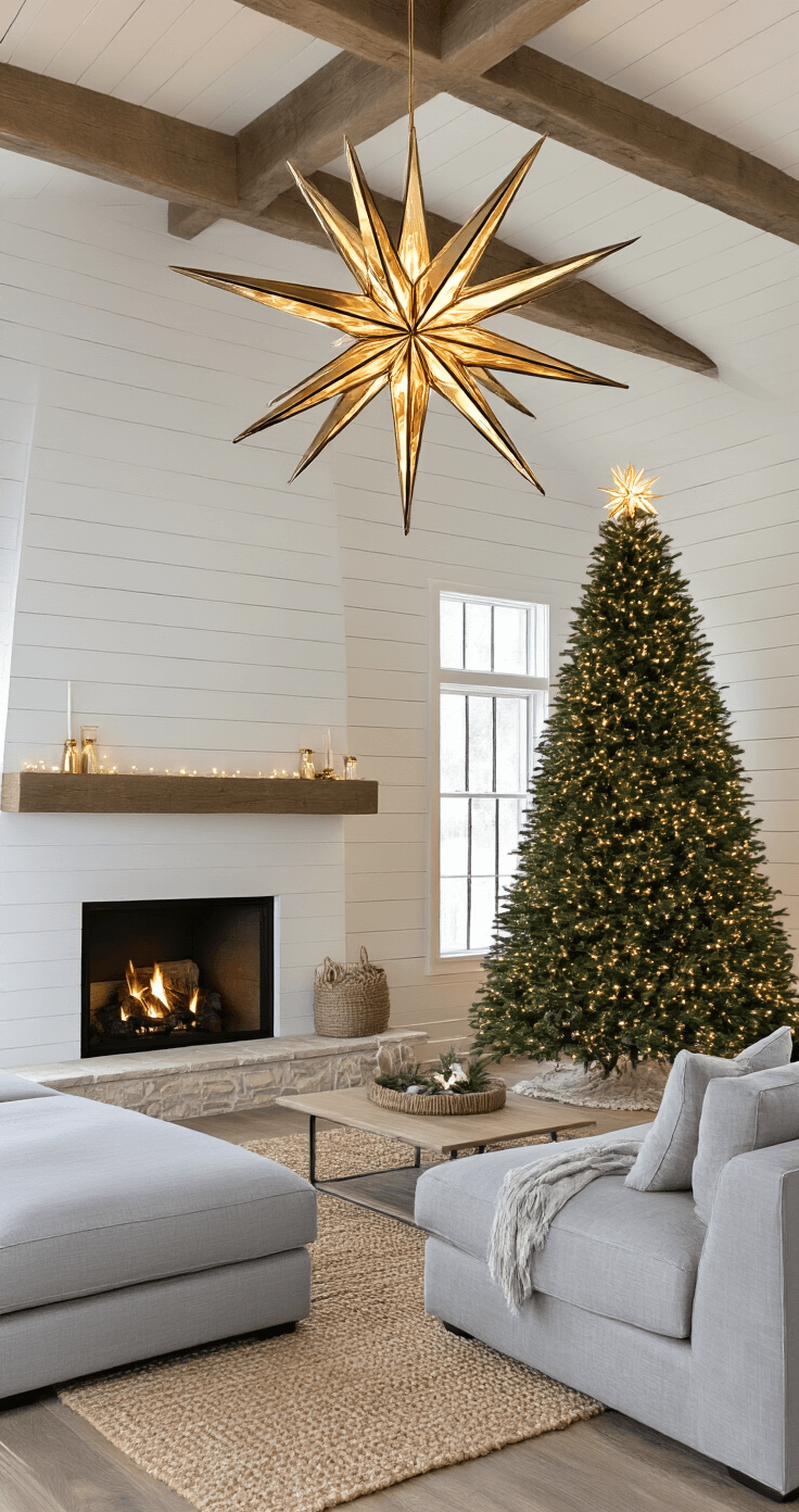 A cozy modern farmhouse living room featuring a magnificent Christmas tree topped with a glittering metallic gold star, illuminated by pendant lighting, with a gray sectional and stone fireplace, against white shiplap walls and exposed wooden beams.