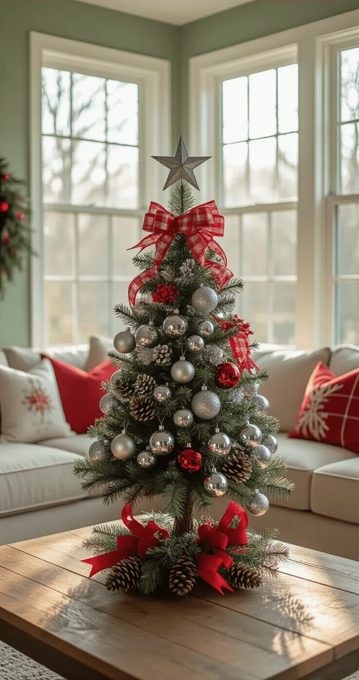 Bright morning scene in a cozy family room featuring a DIY tree topper made from dollar store ornaments, including silver bells, red ribbon, and miniature pinecones, illuminated by natural daylight. A comfortable beige sectional with holiday throw pillows and a rustic wood coffee table are visible against a sage green accent wall, with warm oak flooring enhancing the cheerful, homemade holiday atmosphere.