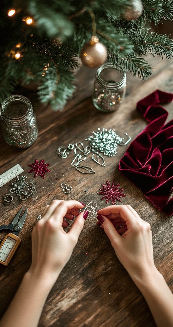 Close-up of a farmhouse dining table with hands crafting a DIY topper, surrounded by zip ties, wire cutters, festive picks, glitter spray, and burgundy velvet ribbon, with a softly blurred Christmas tree in the background. Mason jars and vintage measuring tools add to the creative scene, illuminated by warm afternoon light.