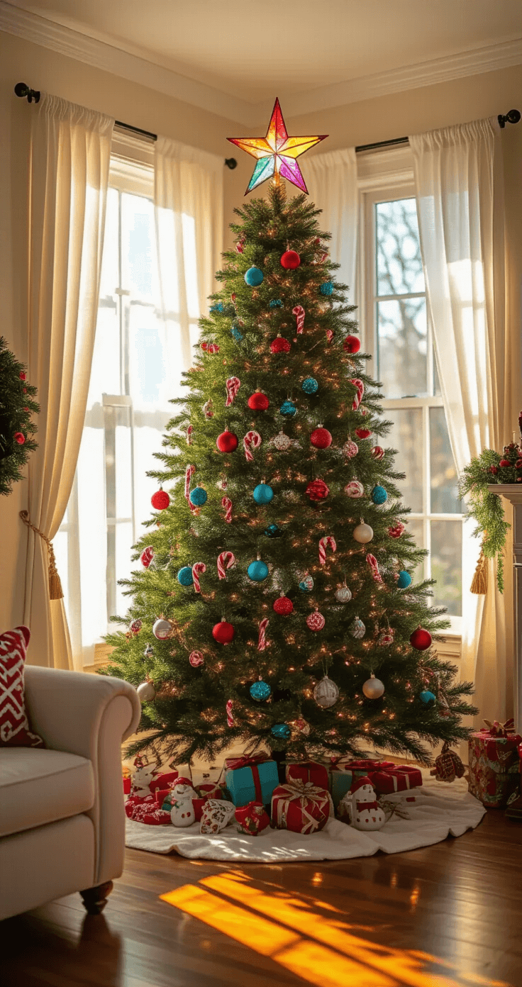 Wide-angle view of a cozy living room with golden afternoon light, featuring a 9-foot Fraser fir Christmas tree decorated with red, aqua, and pink ornaments, vintage brass and silver baubles, and hand-painted ceramic figurines, against cream walls and hardwood floors.