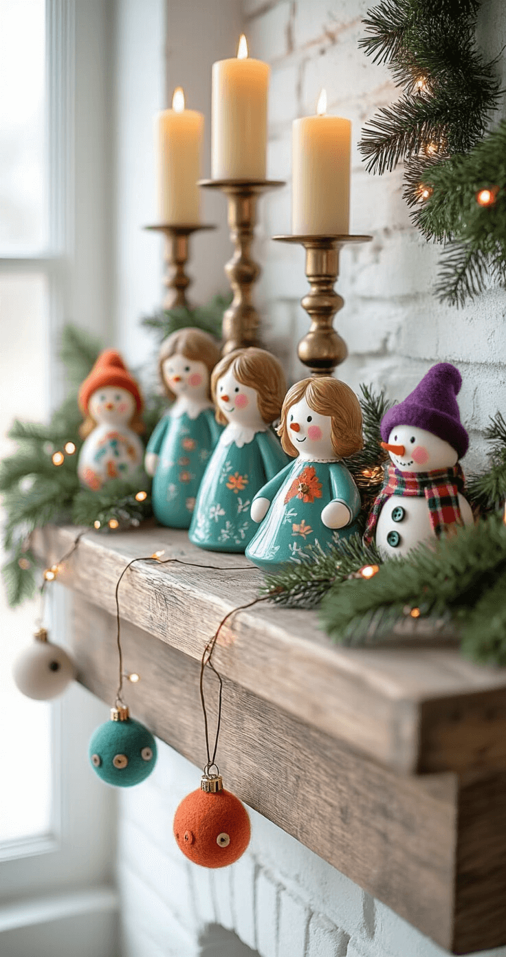 Close-up macro shot of a rustic wooden mantelpiece adorned with eclectic handmade Christmas decorations, featuring vibrant hand-painted ceramic angels, vintage brass candlesticks with cream candles, quirky felt snowmen, and colorful DIY salt dough ornaments, all illuminated by soft morning light.