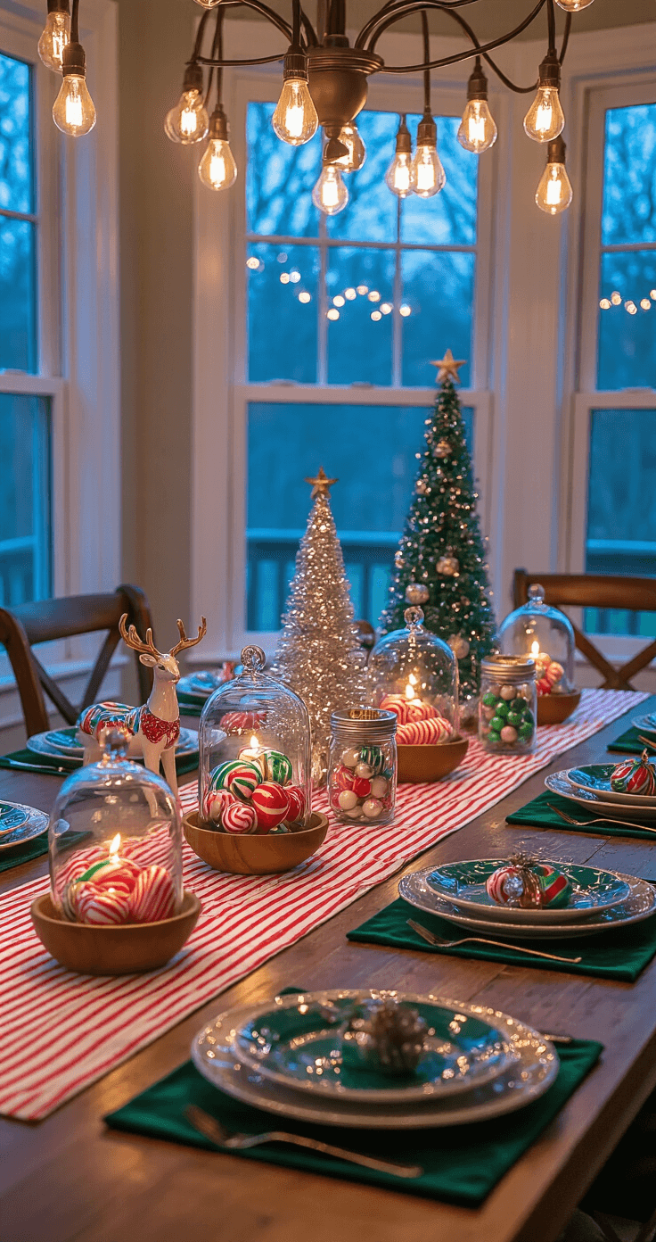 A whimsical Christmas dining table scene at twilight, featuring mismatched vintage ornaments under string lights, a candy cane striped table runner, emerald velvet placemats, colorful ceramic reindeer, silver tinsel trees, and mason jars of peppermints, all atop a dark wood farmhouse table.