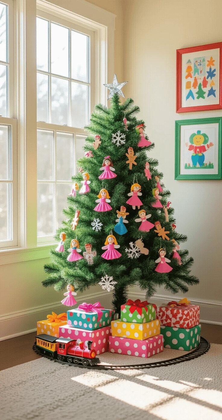 A vibrant children's playroom corner decorated for Christmas, featuring a small artificial tree adorned with colorful handmade ornaments and surrounded by wrapped gift boxes. A vintage toy train circles the base while sunlight streams through large windows, illuminating children's artwork on the cream walls.