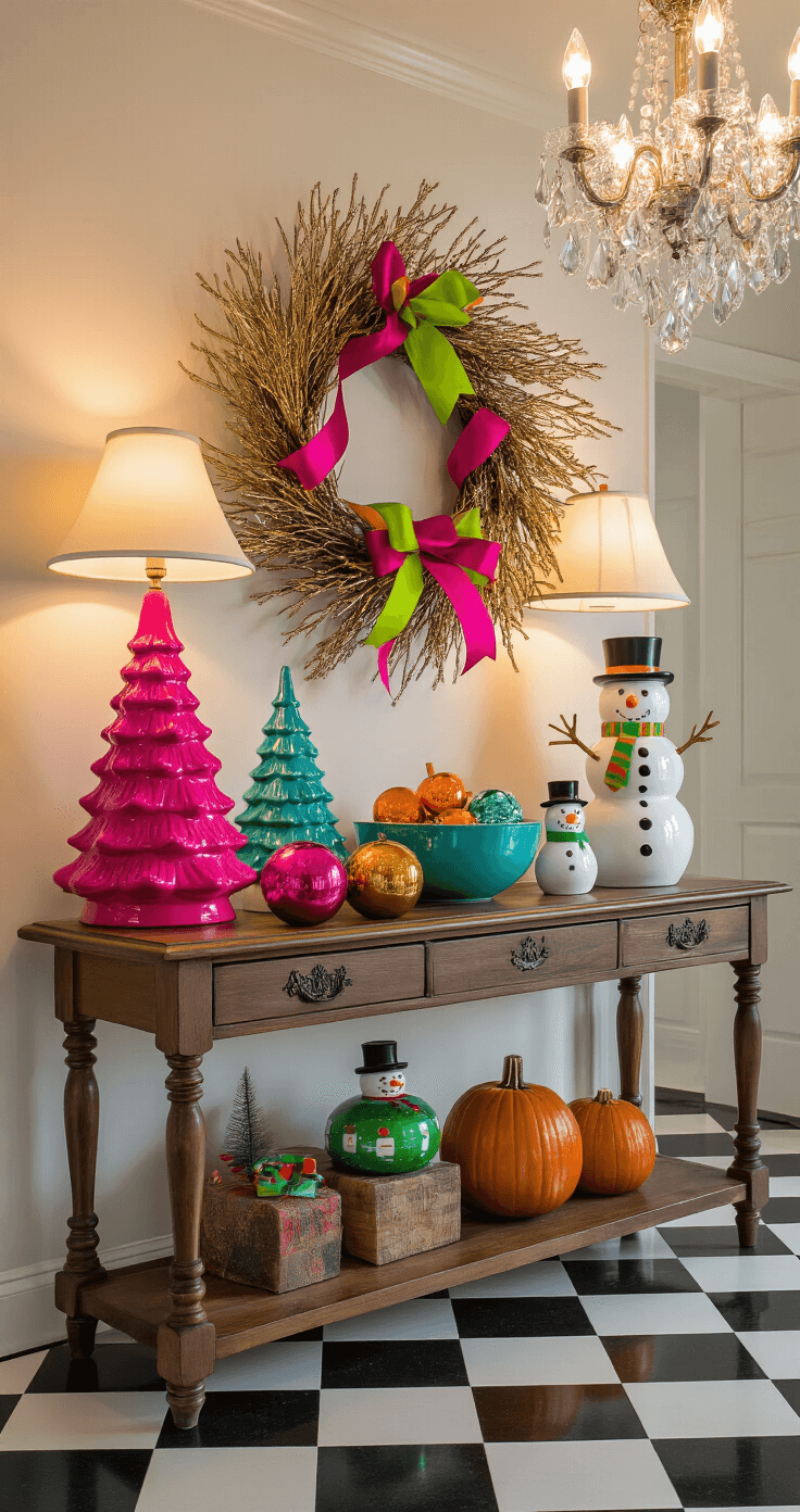 Panoramic view of a festive entryway foyer at golden hour, featuring a vintage console table adorned with a hot pink Christmas tree lamp, turquoise and orange glass ornaments, and colorful snowman figurines, complemented by a metallic gold wreath with vibrant ribbon streamers, all set against graphic black and white checkerboard tile floor and warm chandelier lighting.
