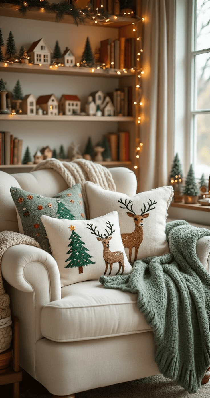 Cozy reading nook featuring a cream linen armchair with colorful throw pillows, a sage green knit blanket, and a vintage side table displaying whimsical miniature Christmas villages, all illuminated by soft morning light and fairy lights.