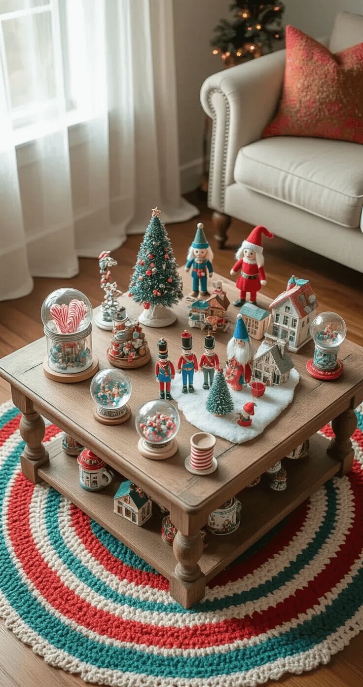 Overhead view of a whimsical Christmas storytelling display on a weathered wood coffee table, featuring vintage toy soldiers, unique snow globes, handmade felt elves, a colorful ceramic village, mason jars with peppermint sticks, and a hand-knitted tree skirt, all illuminated by warm afternoon light.