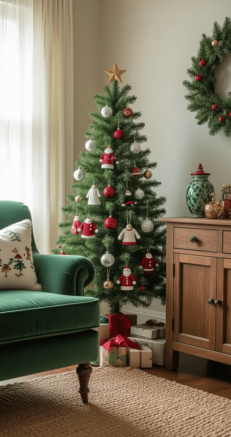 A cozy corner of an eclectic living space featuring a compact Grinch Christmas tree on a vintage wooden console, illuminated by afternoon light filtering through sheer curtains. The scene highlights a velvet armchair, jute rug, and ceramic decorative pieces. The tree is adorned with clear ornaments filled with white tissue, miniature Christmas sweaters, and grouped character ornaments. The color palette includes warm jewel tones of emerald, ruby, and gold metallic accents, creating an inviting, personalized holiday atmosphere.