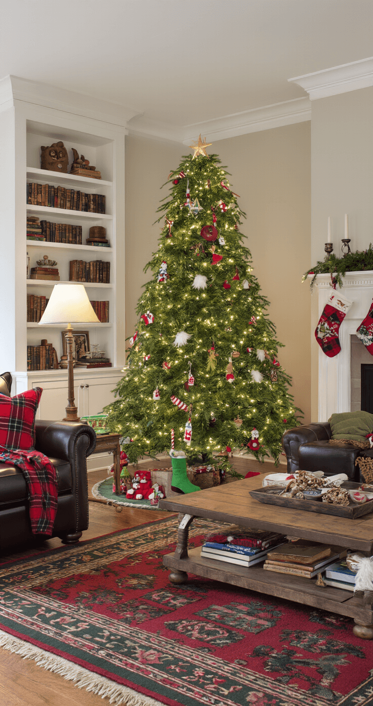 Spacious family room decorated for Christmas with a full-size Grinch tree near built-in bookshelves, showcasing whimsical ornaments and playful decorations. Warm lamplight illuminates dark leather furniture and neutral walls, while plaid throws, a wooden coffee table, and vintage holiday books add charm. An area rug in rich burgundy and forest green patterns defines the cozy seating area.