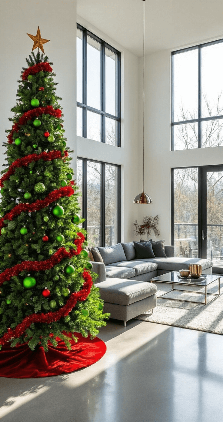 A contemporary open-concept living space featuring a statement Grinch tree adorned with bold green baubles and a 'Stink. Stank. Stunk.' tree topper, illuminated by bright morning sunlight reflecting off polished concrete floors and white walls, alongside a modern gray sectional and glass coffee table, complemented by metallic accents and minimal styling for a playful yet sophisticated holiday aesthetic.