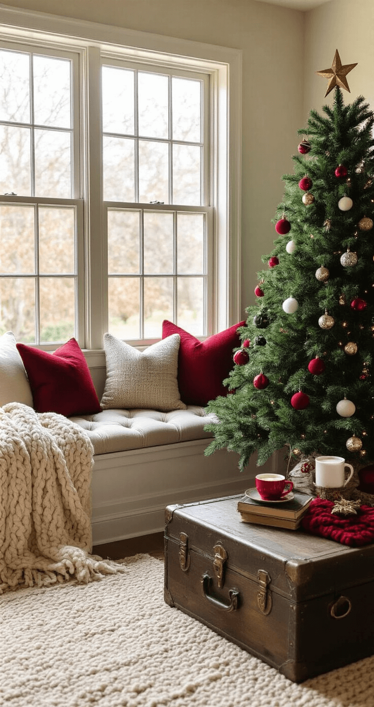 Cozy reading nook with a medium Grinch Christmas tree beside a tufted window seat, basking in golden afternoon light. The tree features a mix of ornaments in green, red, and black metallic, while a vintage trunk acts as a coffee table for a hot cocoa setup. Layered cream and burgundy throw blankets add warmth to the cushions adorned with holiday pillows, creating an intimate and charming holiday atmosphere.