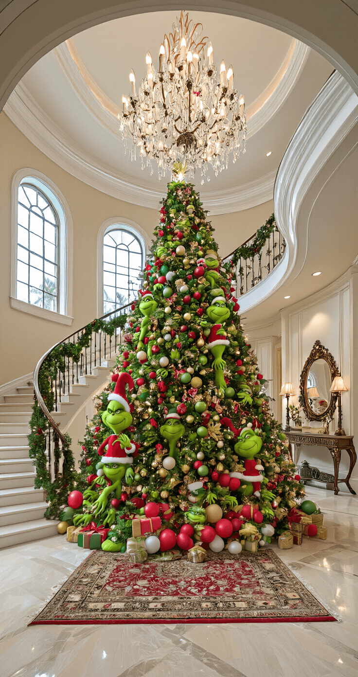 A grand foyer decorated for the holidays features a towering Grinch Christmas tree beneath a crystal chandelier, illuminated by natural daylight. Marble floors and a curved staircase adorned with garland complement the scene, while an antique console table with a mirror reflects the festive styling. The color palette includes deep emerald, crimson, and gold, enhanced by a Persian runner that adds warmth to the elegant space.